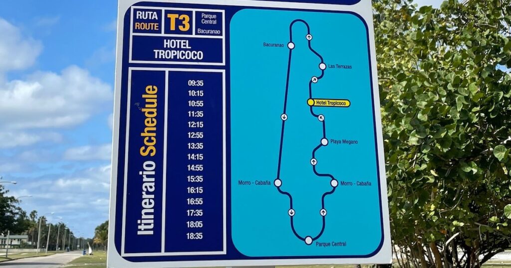 A map of bus stops, including Hotel Tropicoco, Playa Megano and Las Terrazas