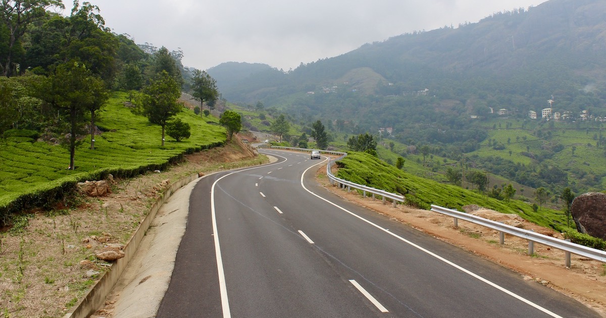 Winding mountain pass surrounded by tea fields