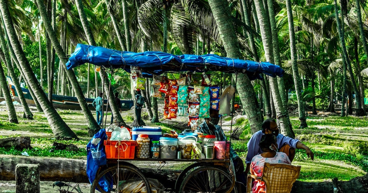 Roadside stall selling snacks next to thick palm trees