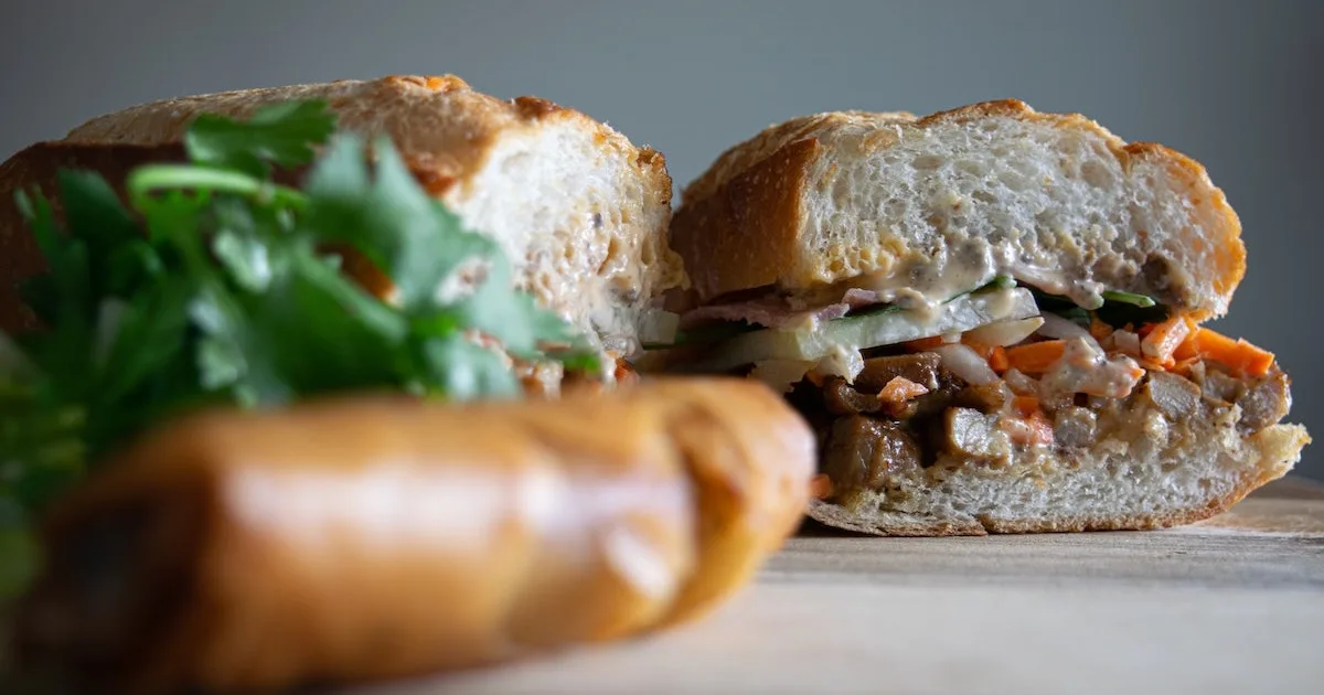 Vietnamese banh mi, a baguette filled with savoury fillings.
