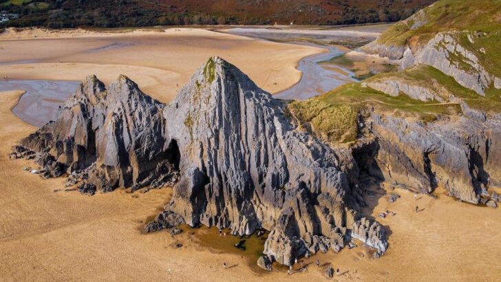 The three limestone cliffs at Three Cliffs Bay, one of the best beaches in Gower