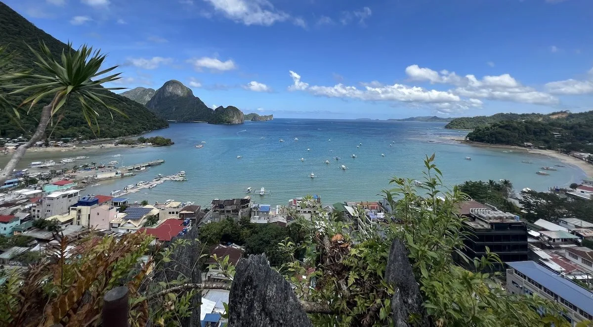Aerial view of El Nido Bay from the Taraw Cliffs.