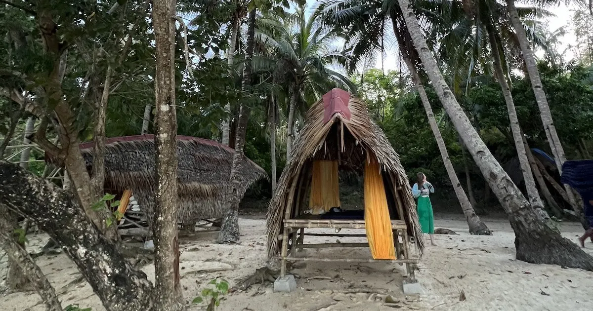 Bamboo hut surrounded by palm trees on a beach in Linacapan.