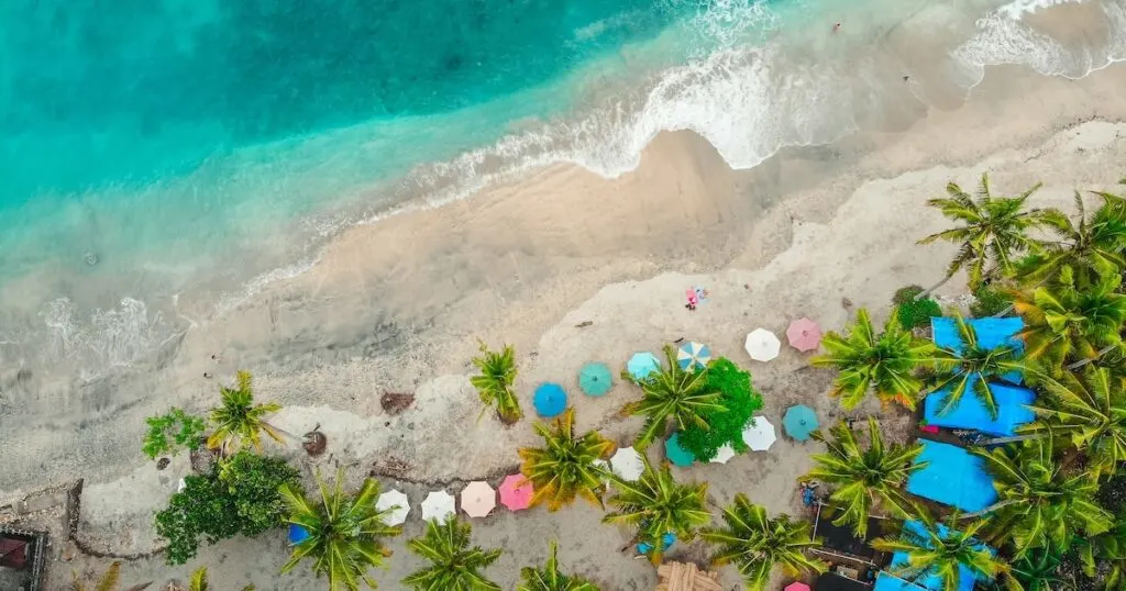 Aerial view of palm trees and sun beds at Crystal Bay