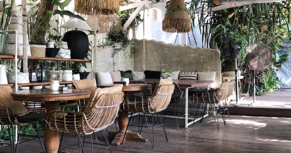 Bamboo seating in a restaurant in Bali.