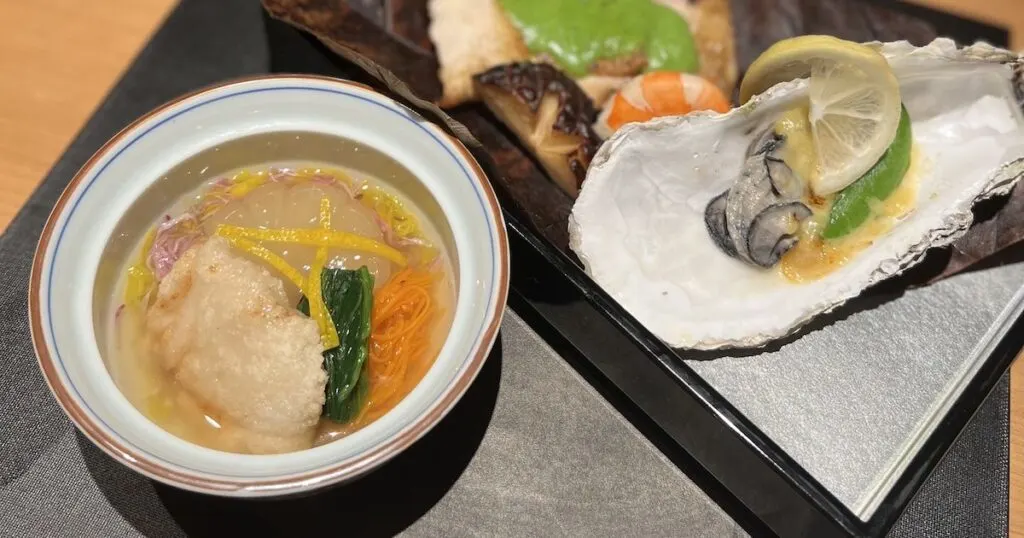 Gluten free Japanese food including oysters made at the Hotel Okura restaurant in Manila.