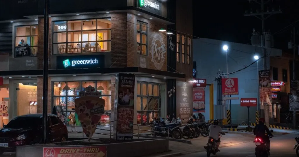 Restaurants on a street in Manila.