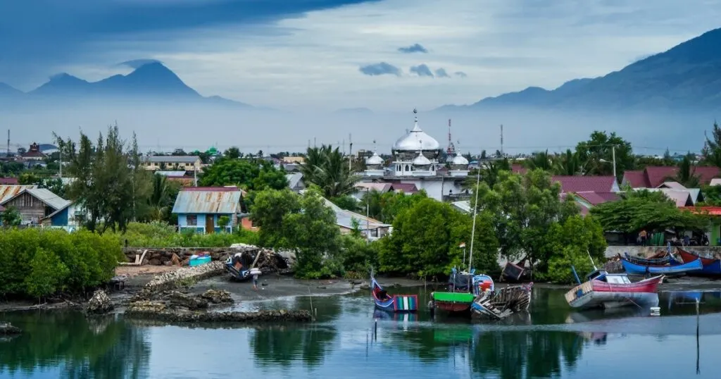 The city of Aceh, including its mosque and harbour, framed by misty hills.