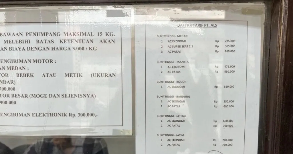 Bus prices for the ALS bus from Bukittinggi to Lake Toba.