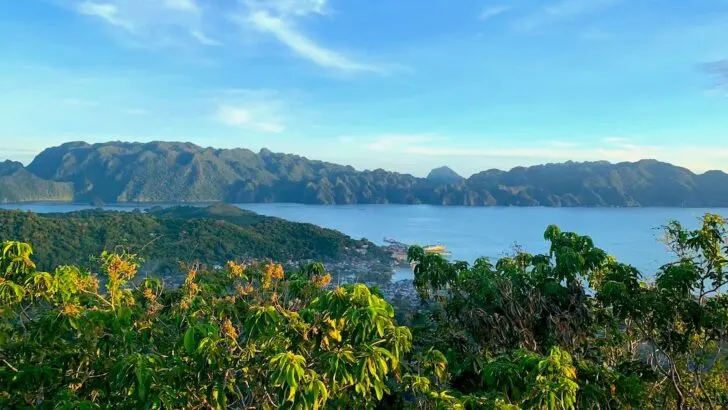 Distant green cliffs and ocean visible from the Mount Tapyas lookout in Coron.