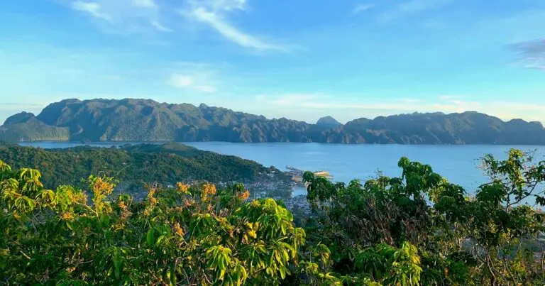 Distant green cliffs and ocean visible from the Mount Tapyas lookout in Coron.