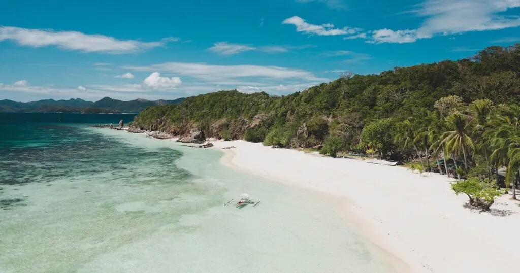 Long, white-sand beach backed by palm trees on Malcupaya Island in Coron.