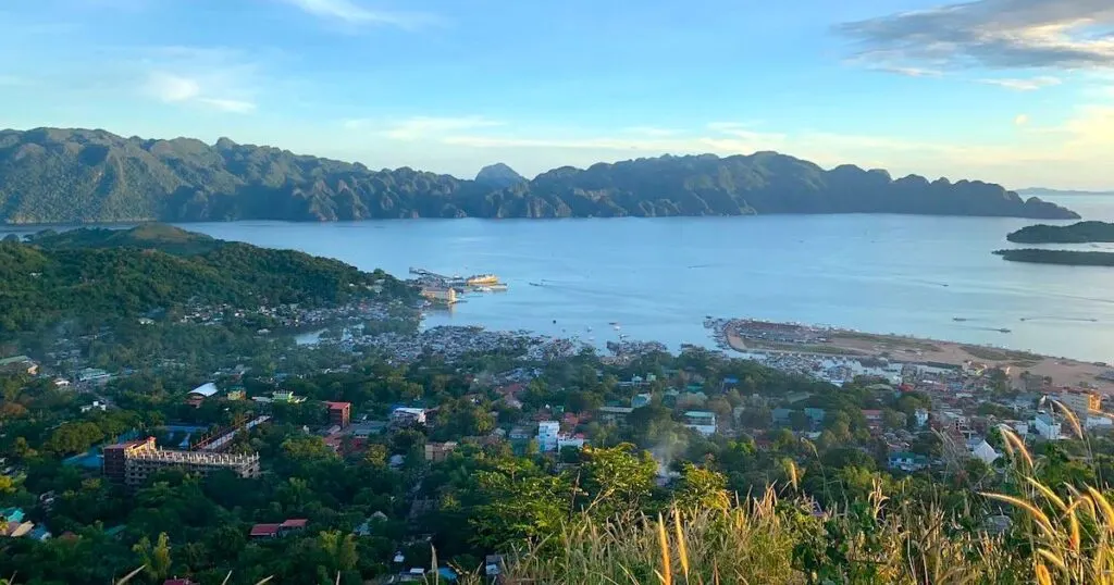 View over Coron town and port and distant hills from Mount Tapyas in Coron.