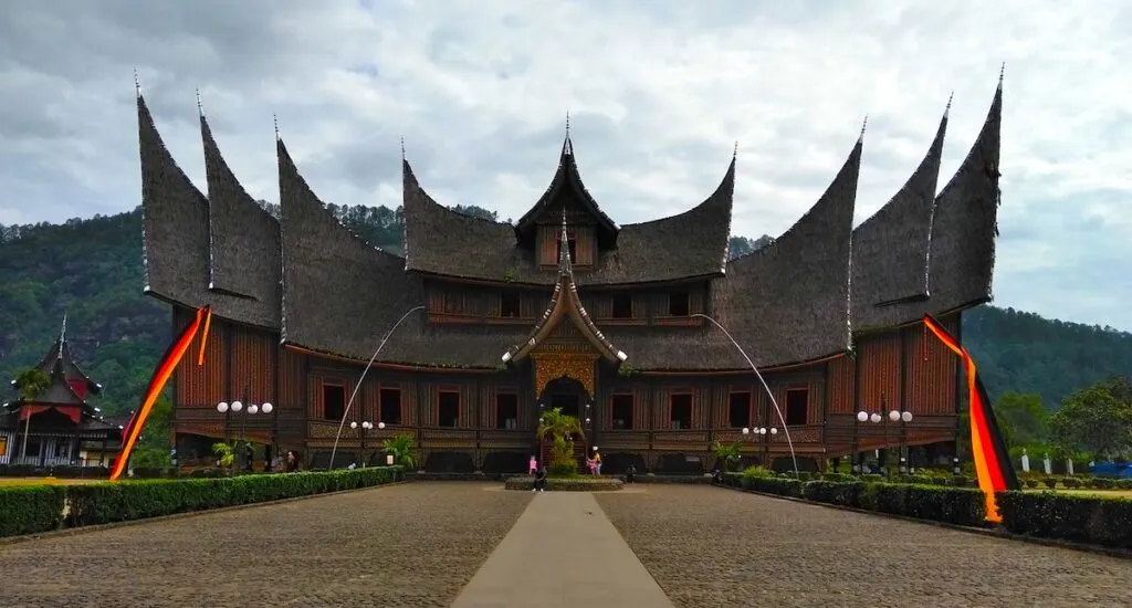 Pagaruyung Palace, a Minangkabau palace with sloping traditional roofs in West Sumatra.