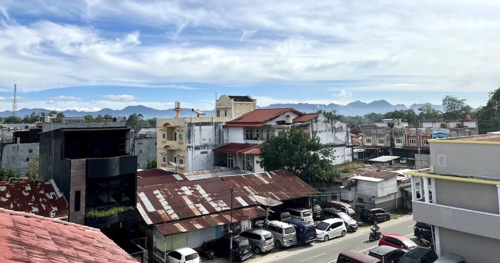 View of town roofs in Bukittinggi from Aur Kuning Hostel.