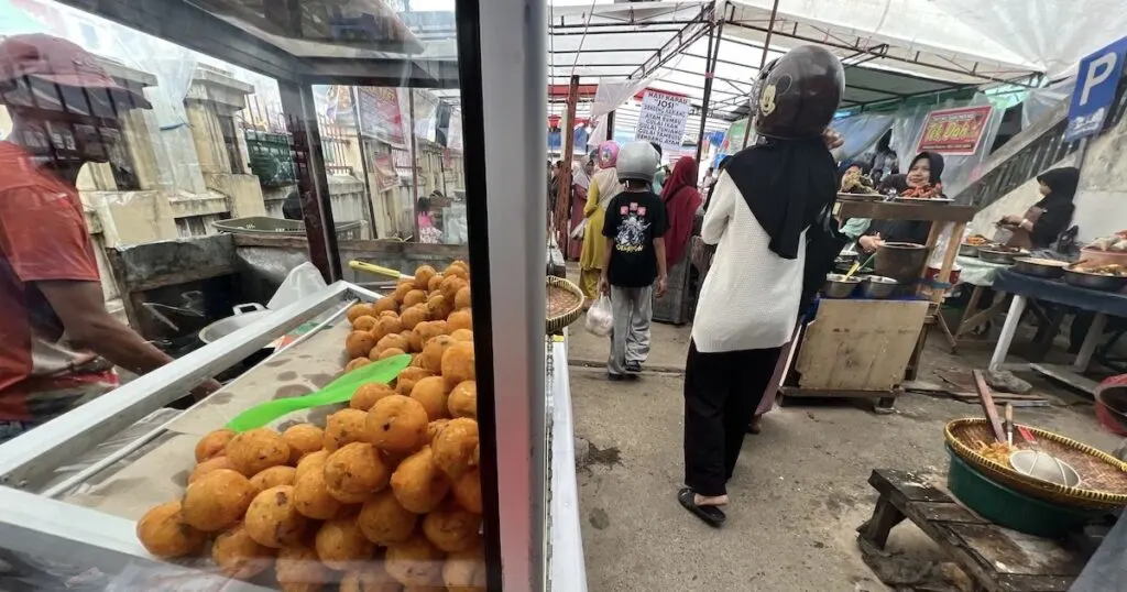 Lines of dough balls in a stall in the traditional market in Aur Kuning in Bukittinggi.