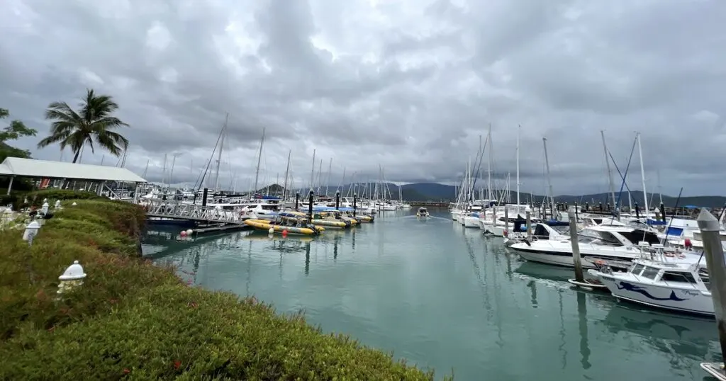 Lines of sailing boats at Coral Sea Marina in Airlie Beach.