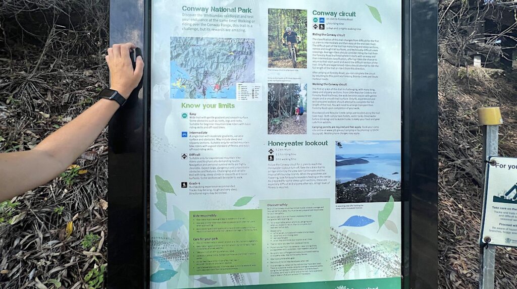 Map and informational graphic on the Conway National Park trails at the start of the Honeyeater Lookout Trail.