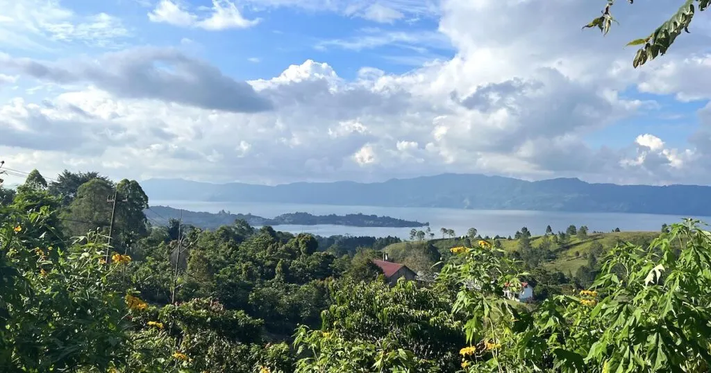 View over Samosir Island vegetation and lake from a hilltop.