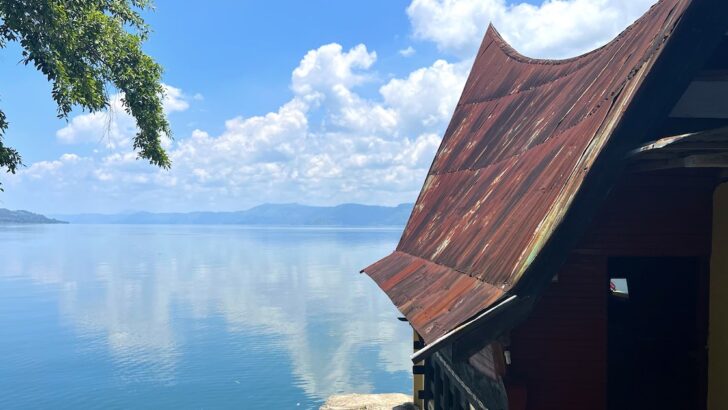 Sloping Batak architecture with lake views at one of the best hotels in Lake Toba.