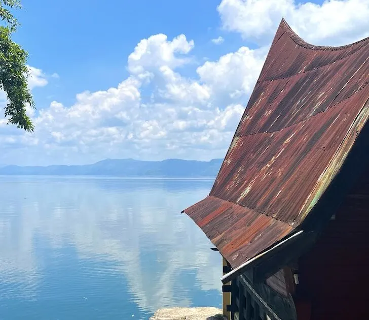 Sloping Batak architecture with lake views at one of the best hotels in Lake Toba.