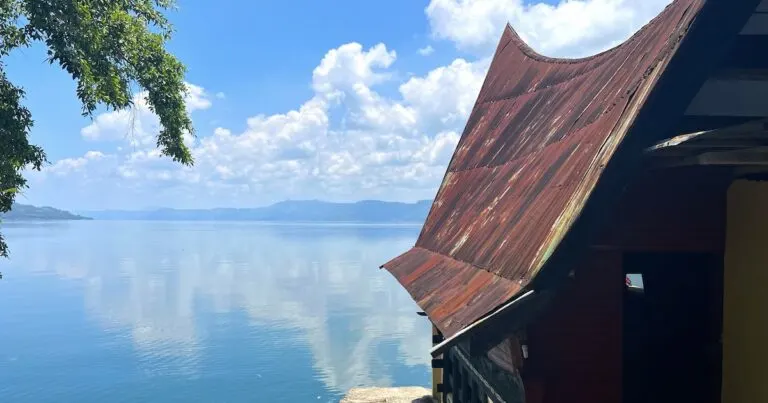 Sloping Batak architecture with lake views at one of the best hotels in Lake Toba.