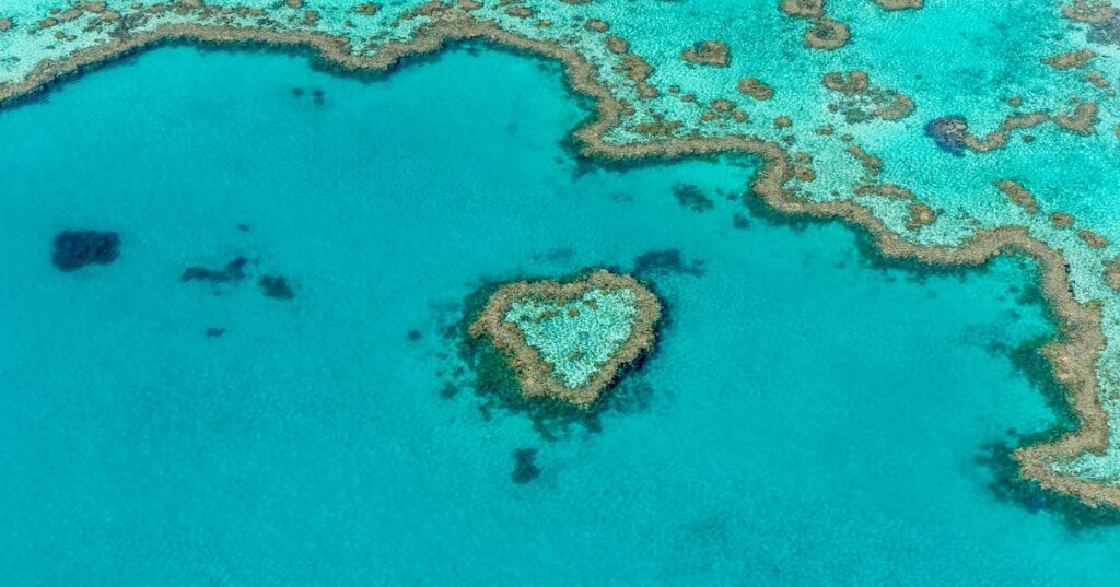 The heart-shaped reef from above in the Whistunday Islands.