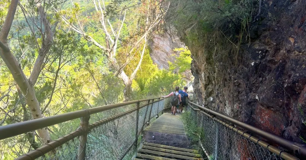 A steel staircase descends down the side of a rockface in the Blue Mountains.