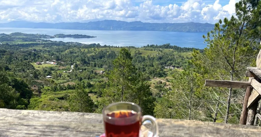 A cup of tea on a wooden ledge at a coffee shop above Tomok on Samosir Island.