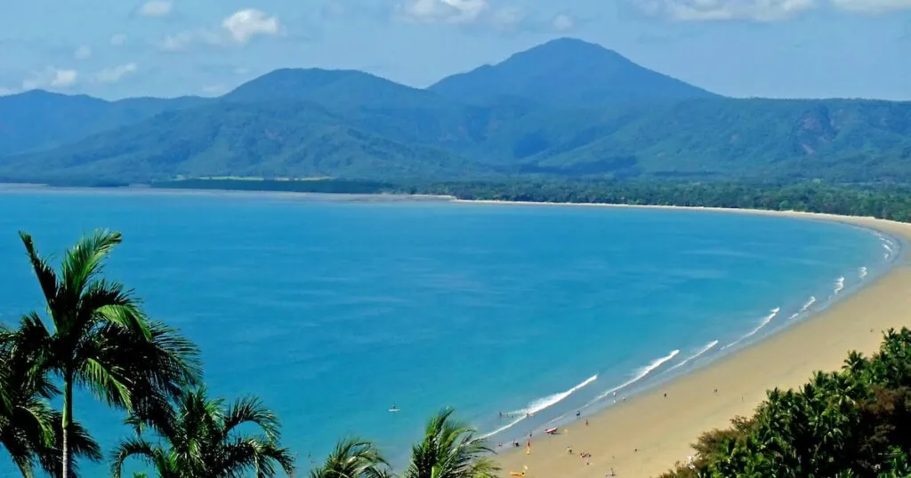 View over palm trees towards Four Mile Beach in Port Douglas, with mountains in the background.