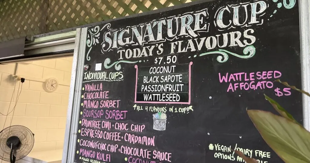 List of flavours and prices at the Daintree Ice Cream Company.