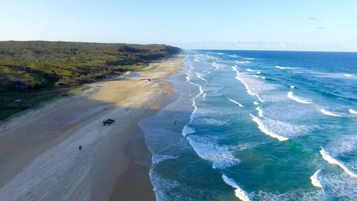 Aerial view of 75 Mile Beach in K'Gari, with jeeps dotted along the sand.