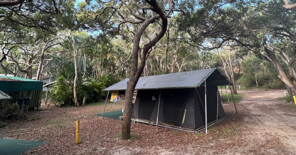 A spacious glamping tent sits under the trees at a campsite on Fraser Island.