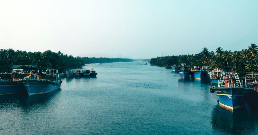 Boats move along the Kollam backwaters in south Kerala.