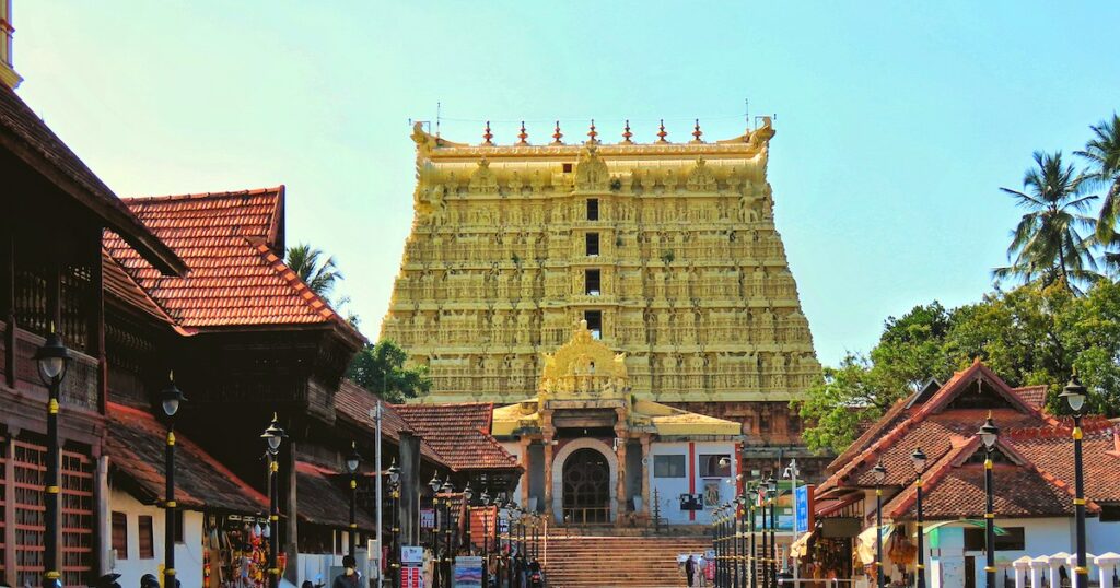 The golden architecture at Sree Padmanabhaswamy Temple in Trivandrum.