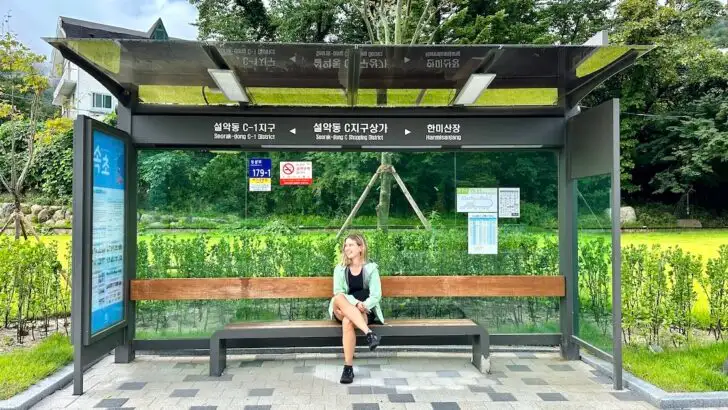 Woman wearing a green raincoat sits on a bench at the Seorak-dong C Shopping District bus stop near Seoraskan National Park.