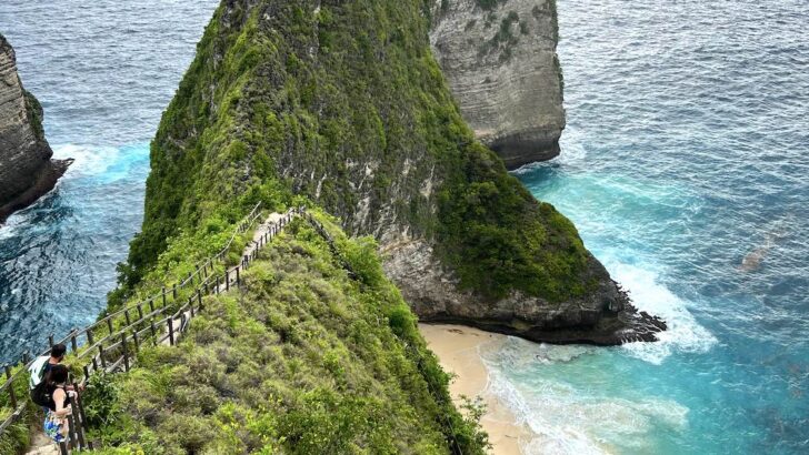 A close-up of the bamboo railings along the hiking trail at Kelingking Beach.