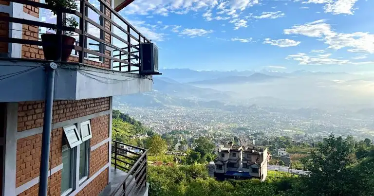 The Mandala Yoga Retreat roundhouse, overlooking Kathmandu Valley at sunrise.