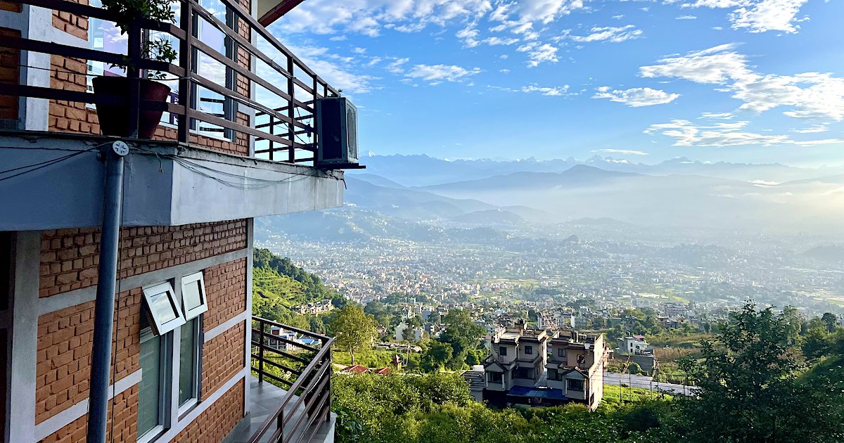 The Mandala Yoga Retreat roundhouse, overlooking Kathmandu Valley at sunrise.