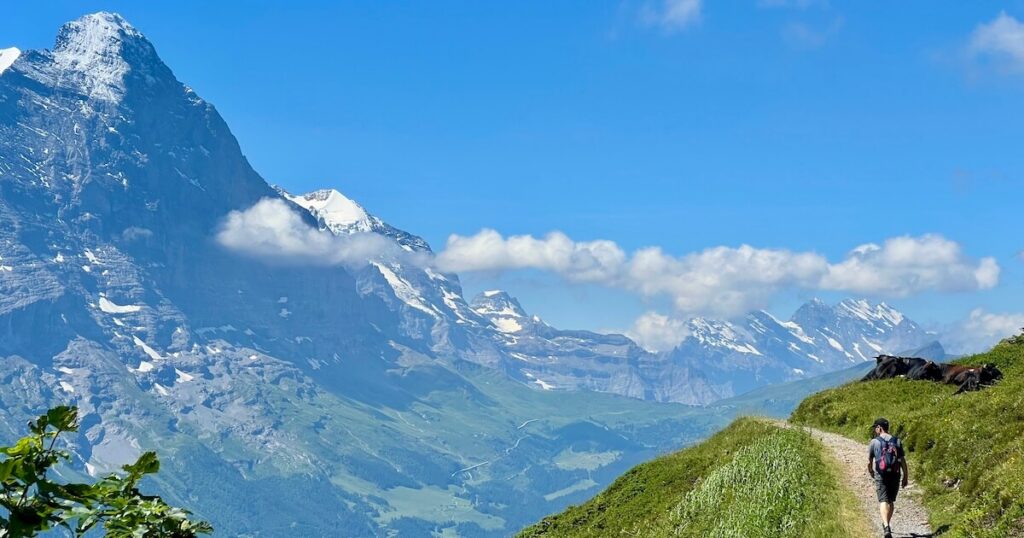 Rolling green Alpine hills dotted with mountain chalets beneath dramatic clouds and rugged peaks.