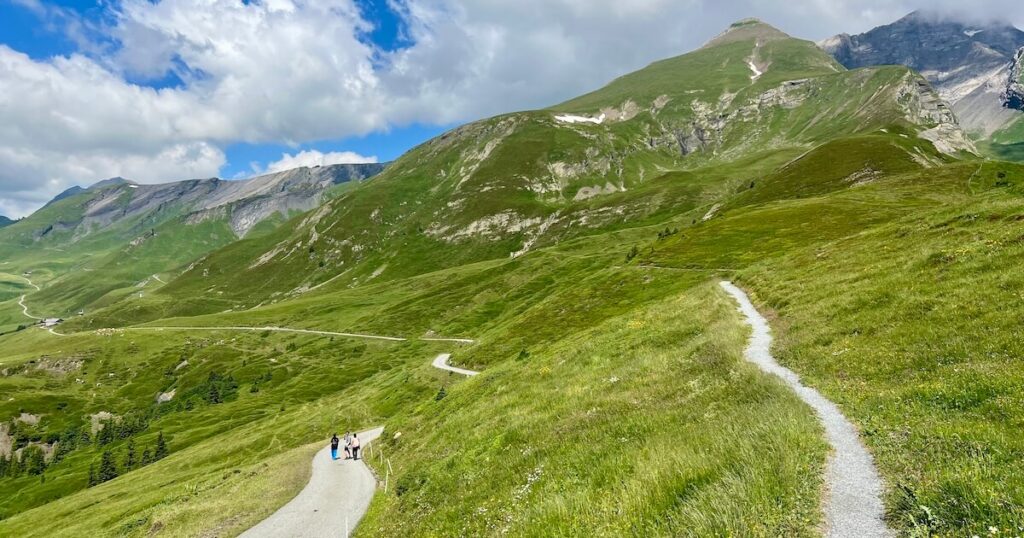Winding hiking paths crossing rolling green alpine hills beneath rugged mountain peaks.
